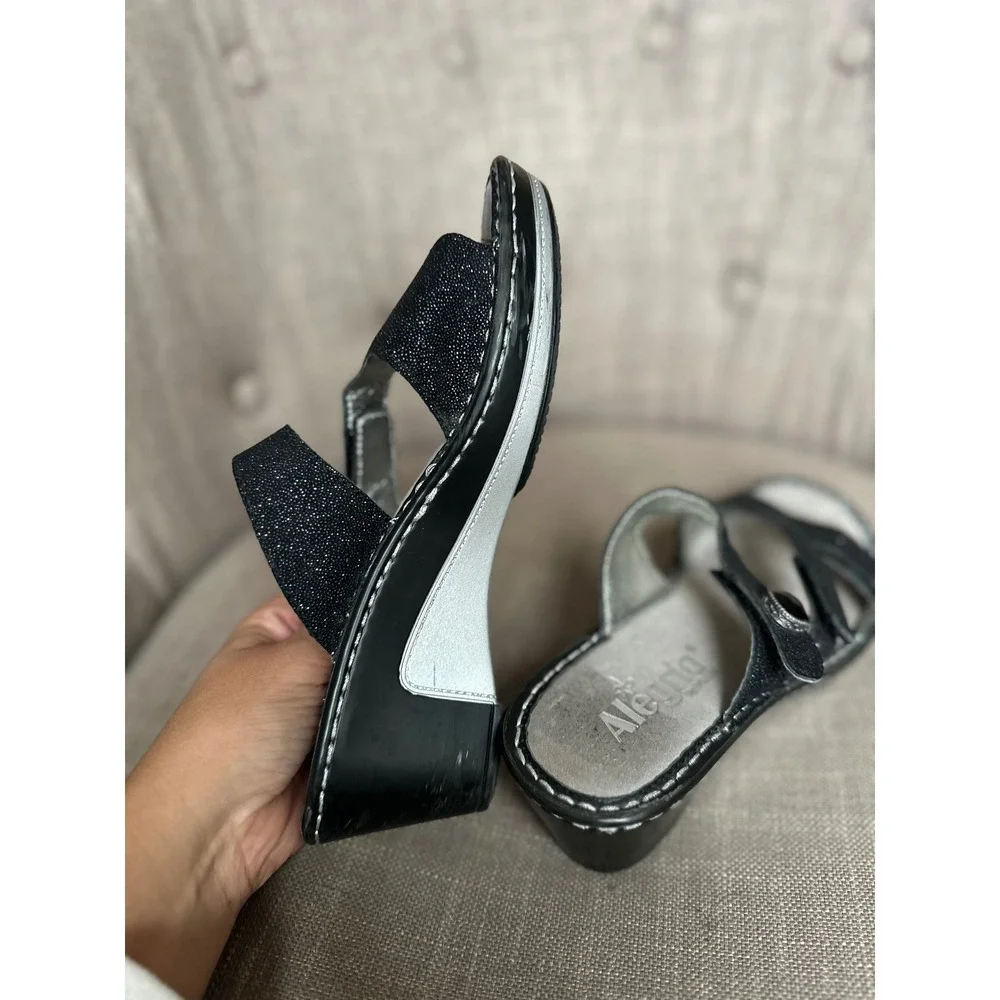 Alegria PG Lite‎ Black Glitter Wedge Sandals Women 35 Gemstone Comfort Slip On